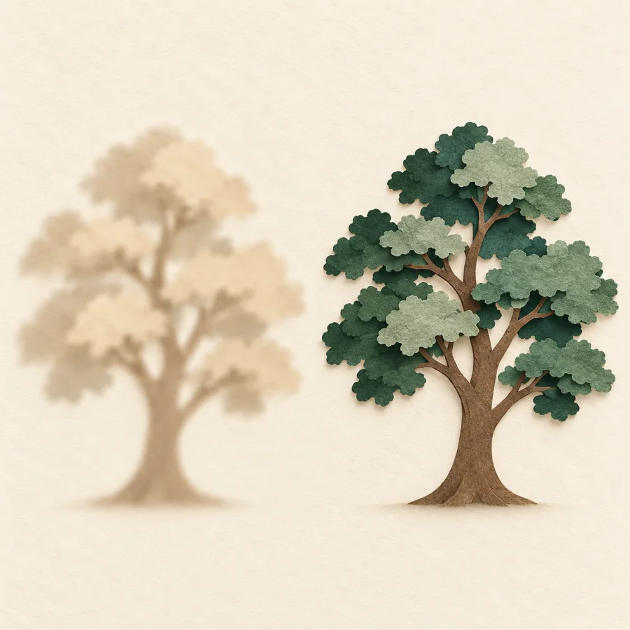 A blurry tree on the left and a sharp one on the right