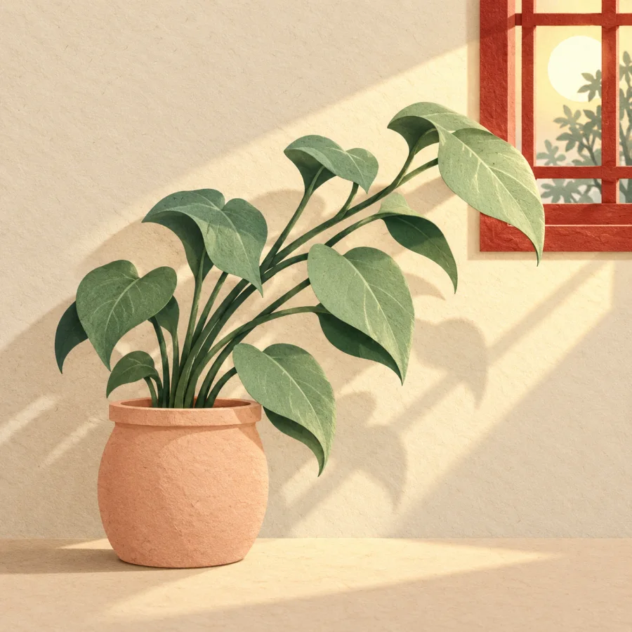 A green plant leans toward the light from a window