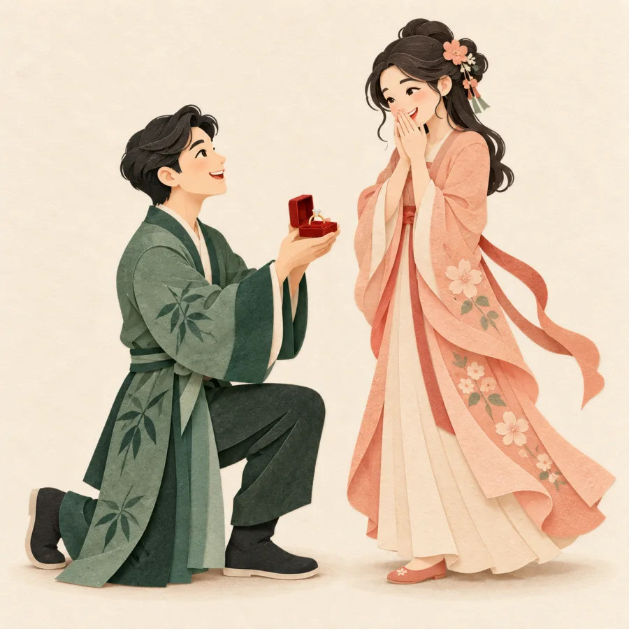 A person kneels and offers a small ring box