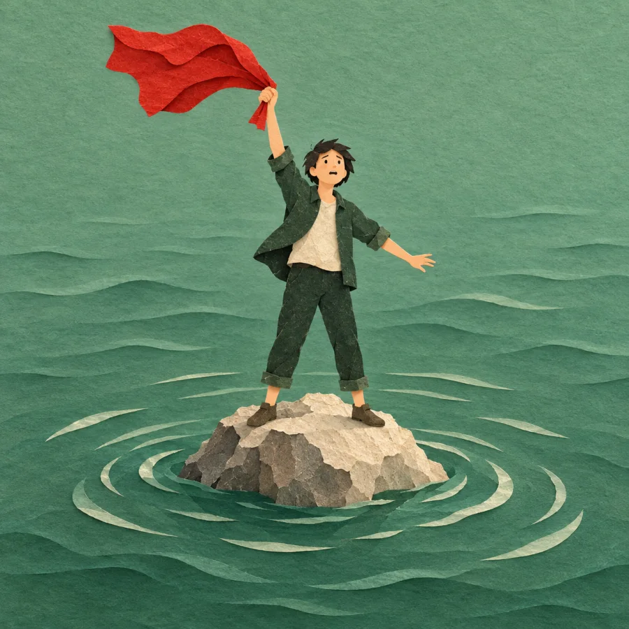 A person on a rocky islet waves a red cloth