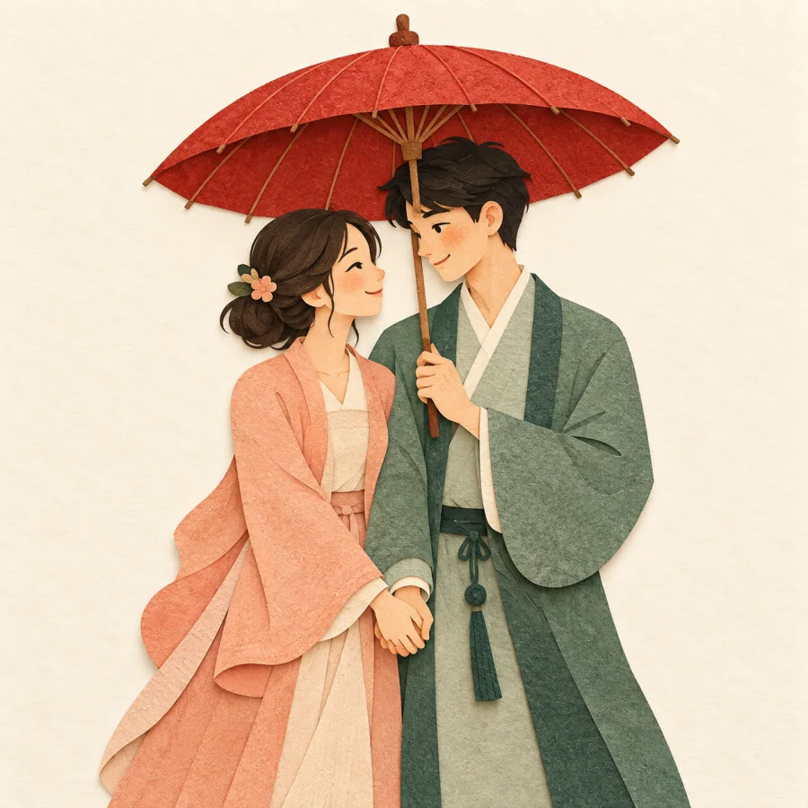 คู่รักสองคนยืนอยู่ข้างร่ม