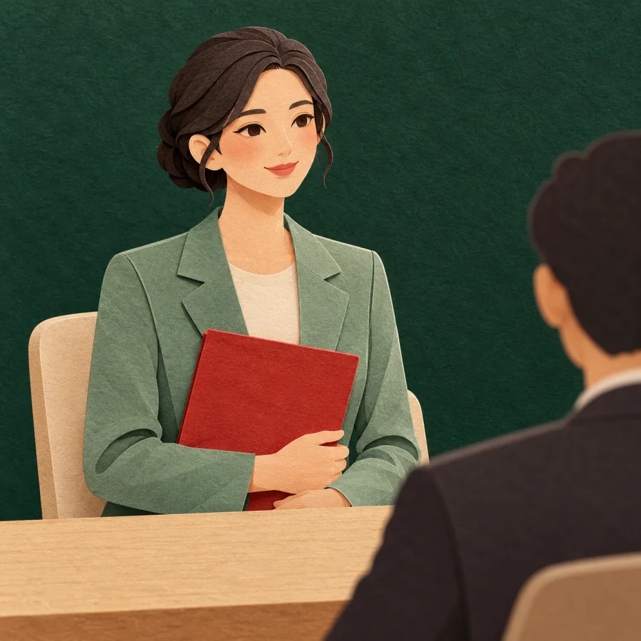 A person with a folder sits across a desk from an interviewer