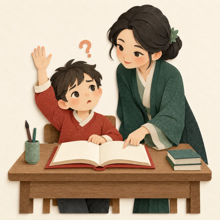 A teacher leans in to help a student with a raised hand
