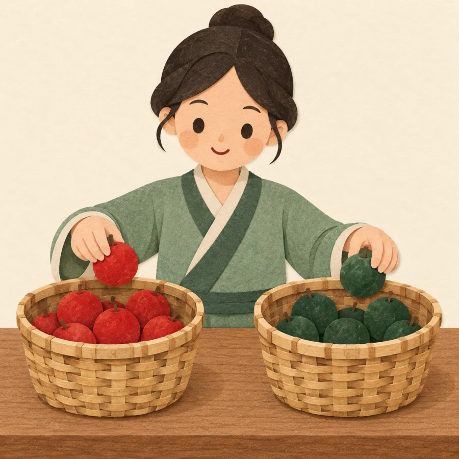 A person sorts red and green fruit into two baskets