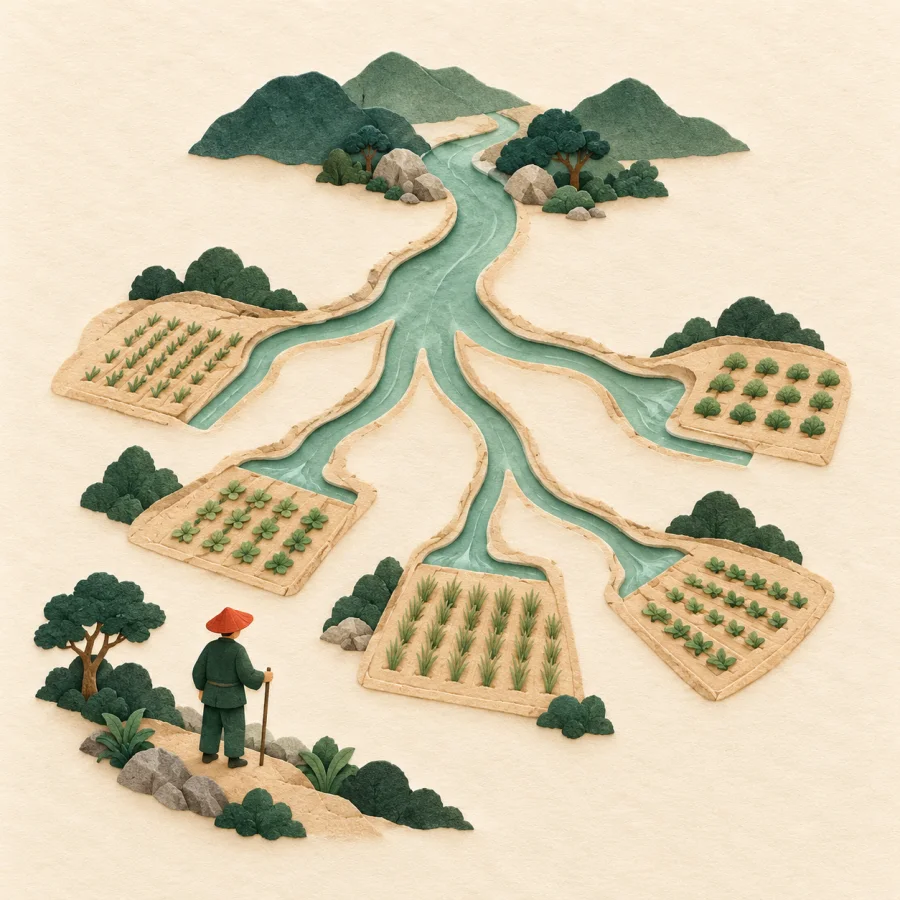 Several water channels lead from a stream to fields