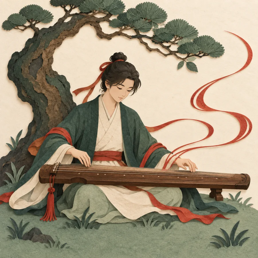 A person plays a zither under a tree, ribbons flowing