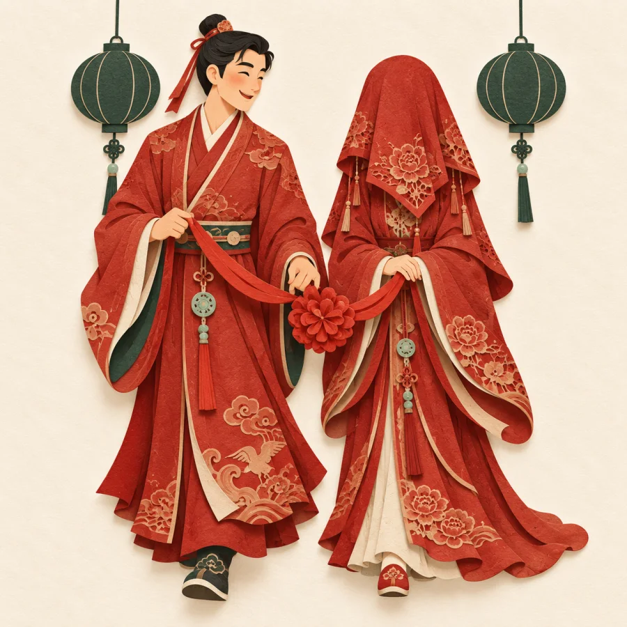 A person in a red robe leads a veiled bride