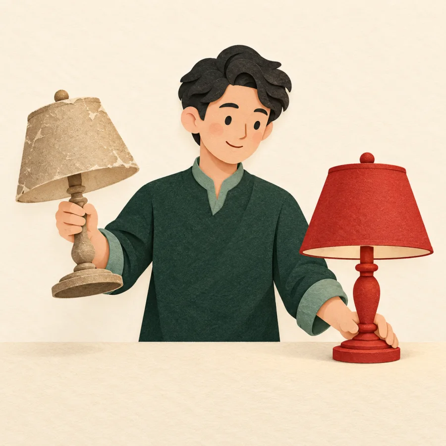 A person removes an old lamp and sets a new one