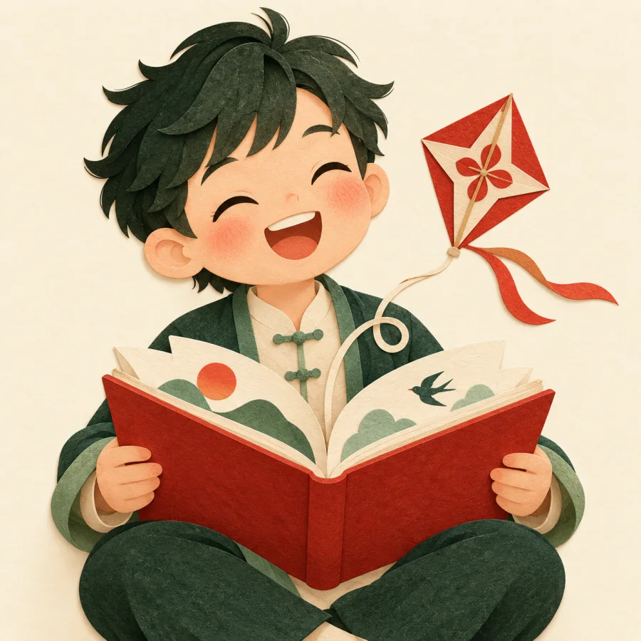A child laughs over an open picture book