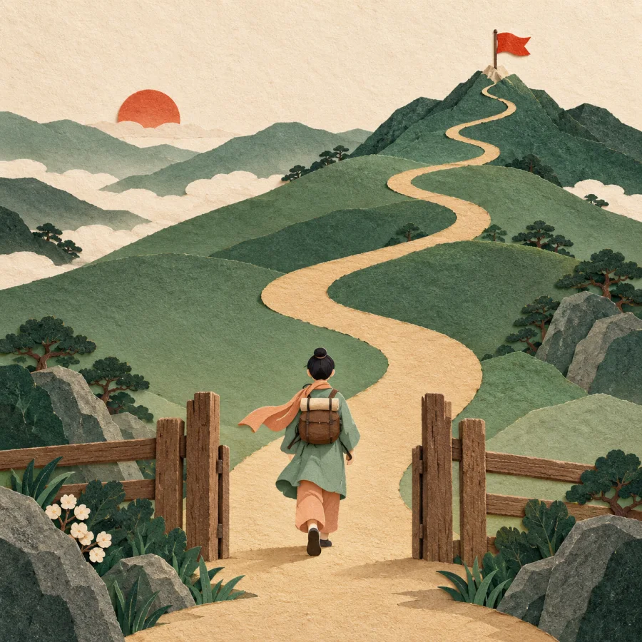 A traveler walks a long path to a red flag