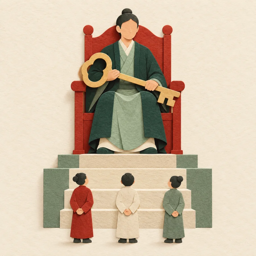 A person on a tall red chair holds a large key