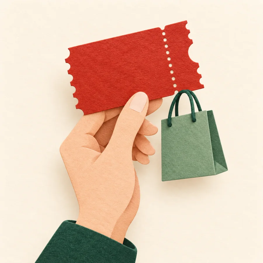 A hand holds a red paper coupon