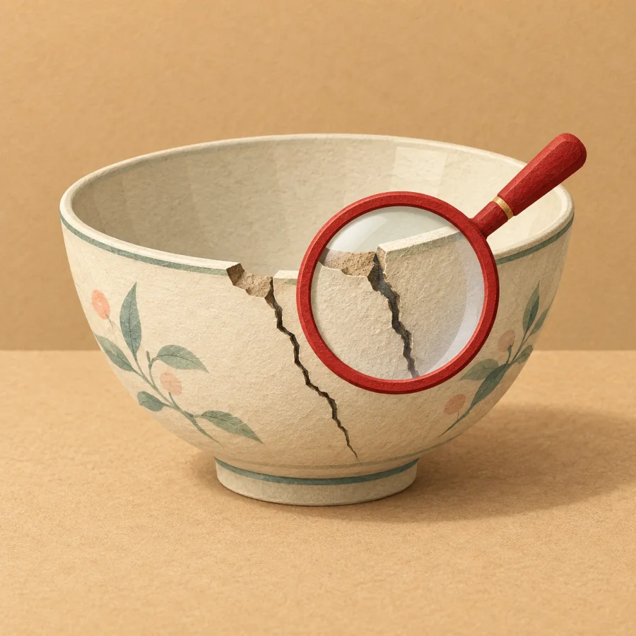 A ceramic bowl with a crack and a chip