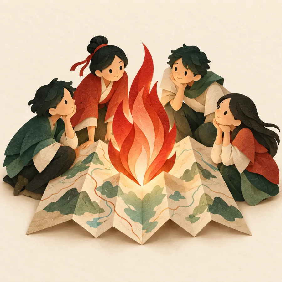 People gather around a flame rising from a map