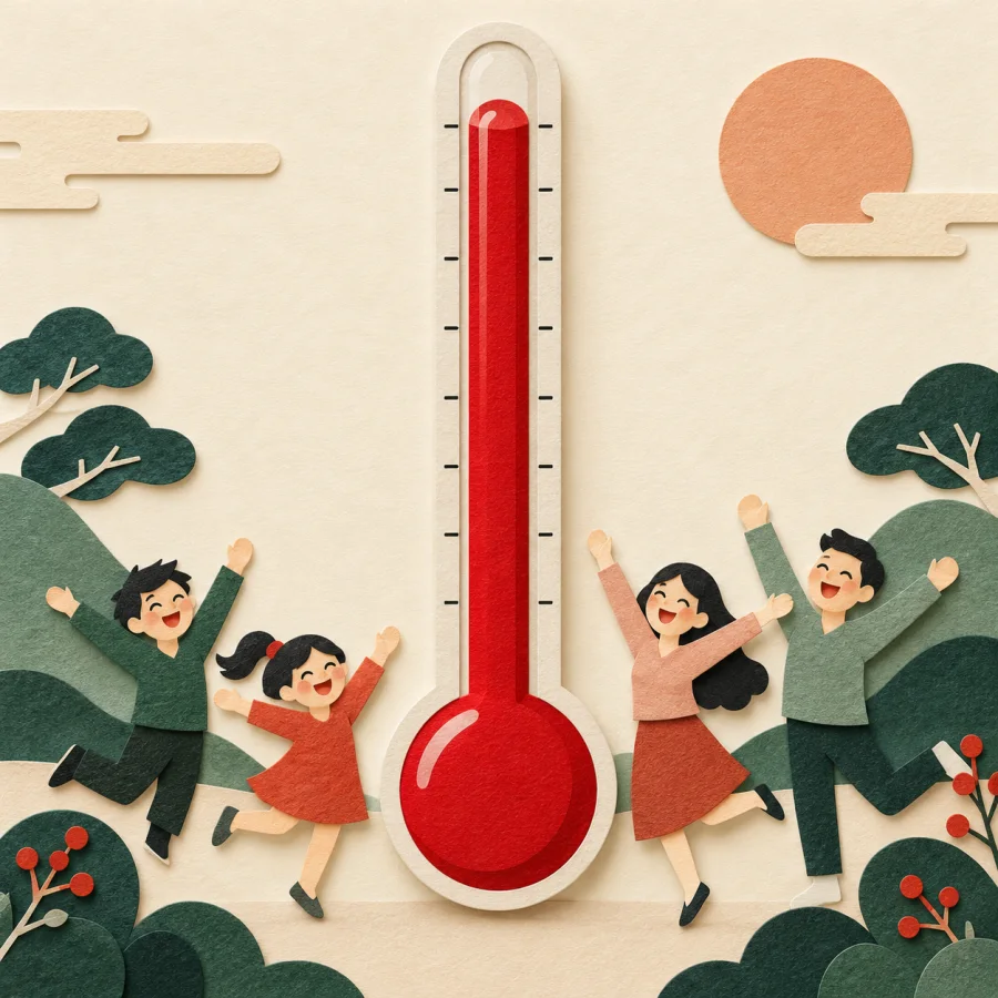 A tall red thermometer beside cheering figures