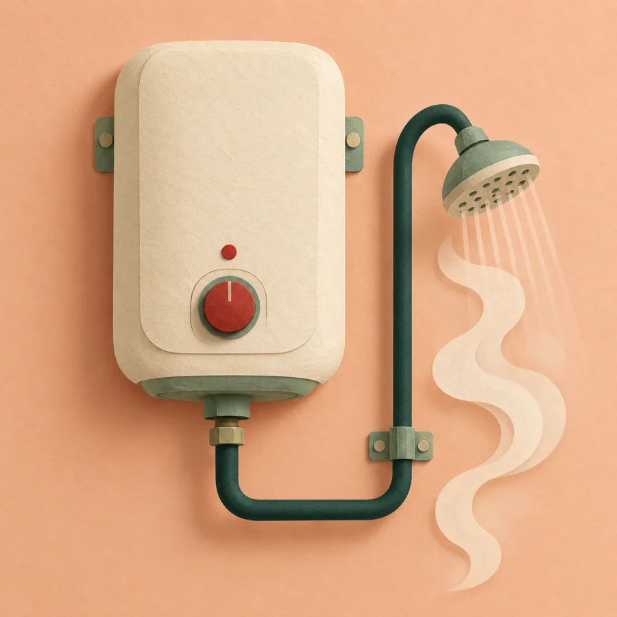 A wall-mounted water heater with steam and a shower