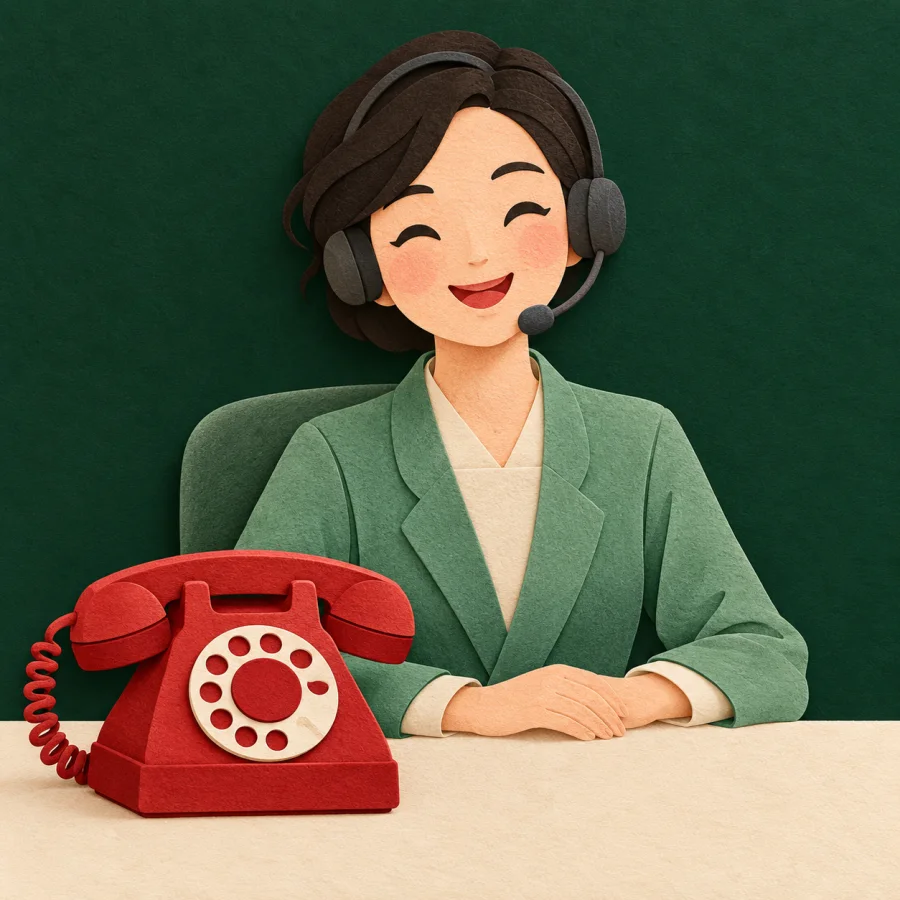 A person in a headset sits at a desk with a phone
