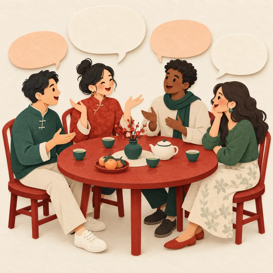 People at a round table with empty speech bubbles above