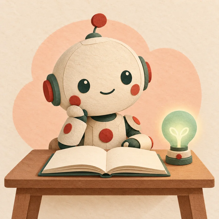 A small paper robot at a desk with a book
