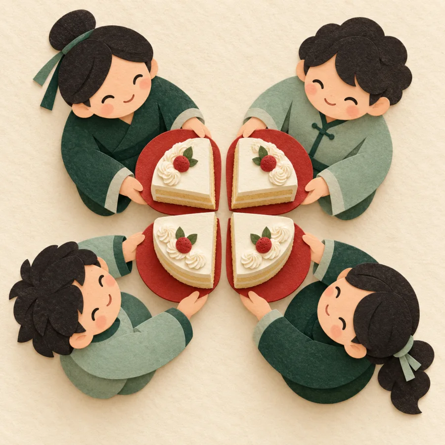 Four people each hold an equal slice of cake