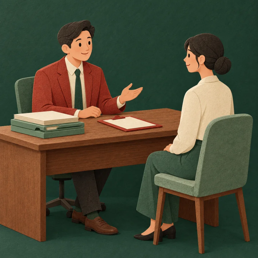 A person at a desk interviews a candidate