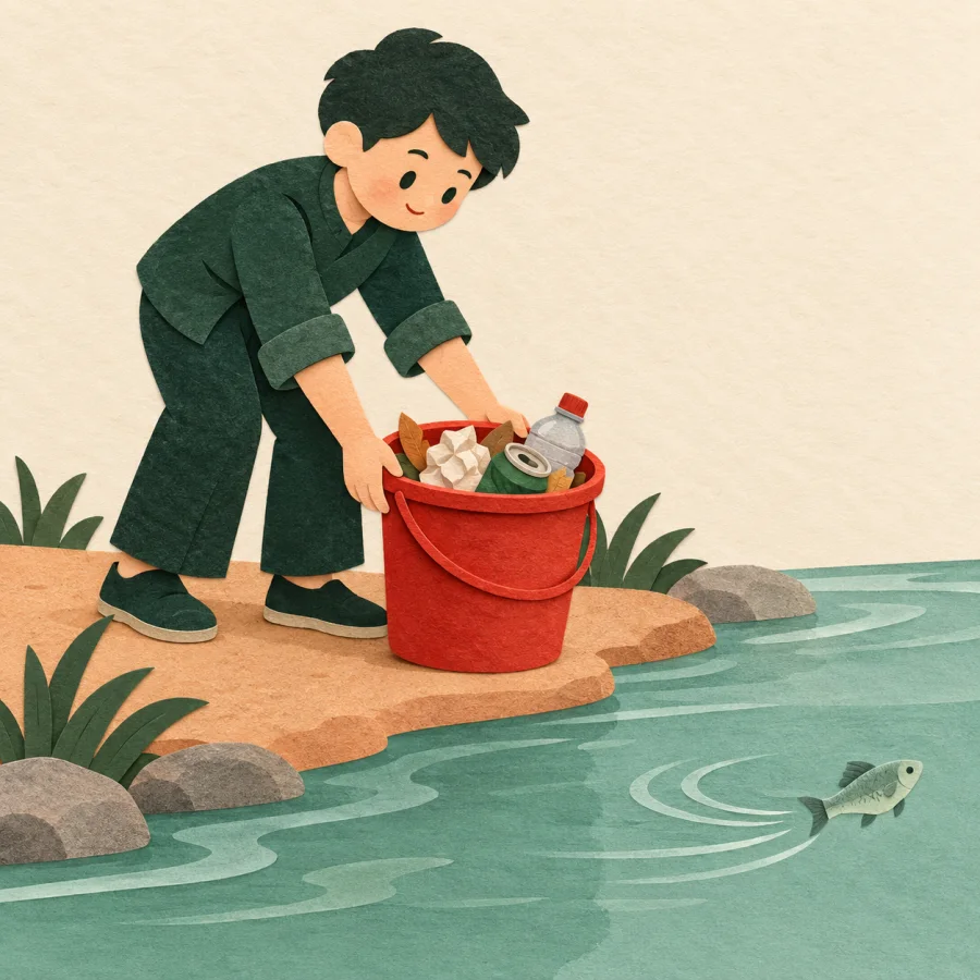 A person drops rubbish beside a clean river