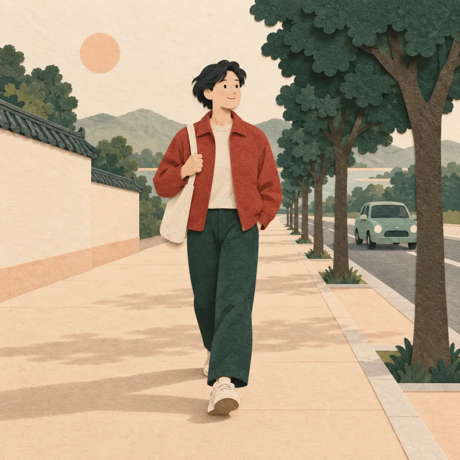 A pedestrian walks along a sidewalk beside a road