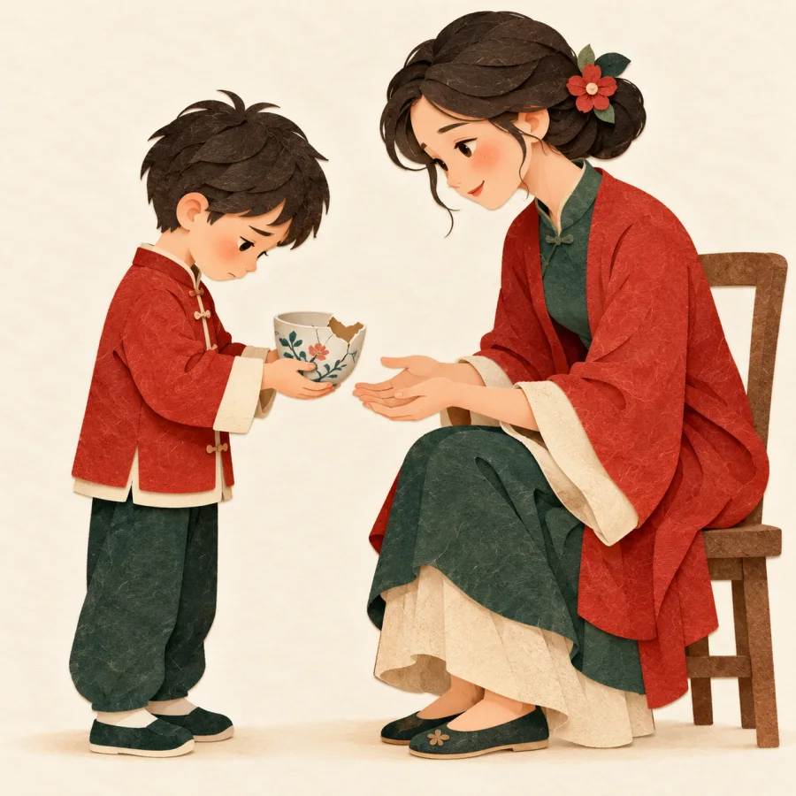 A child offers a broken cup to a seated parent