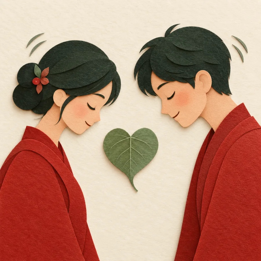 Two people nod at each other with a green heart between