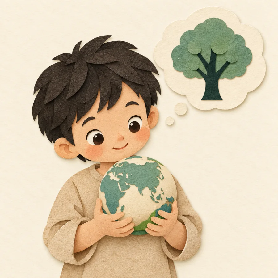 A child by a globe with a thought bubble holding a tree