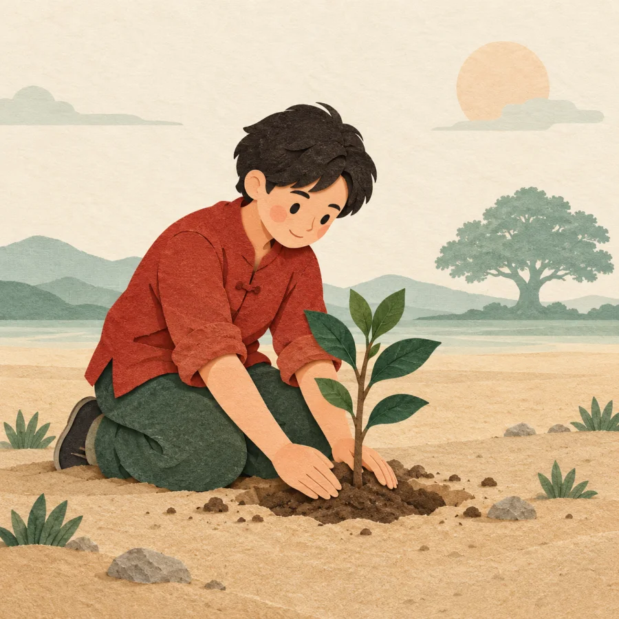 A person plants a sapling with a big tree far behind