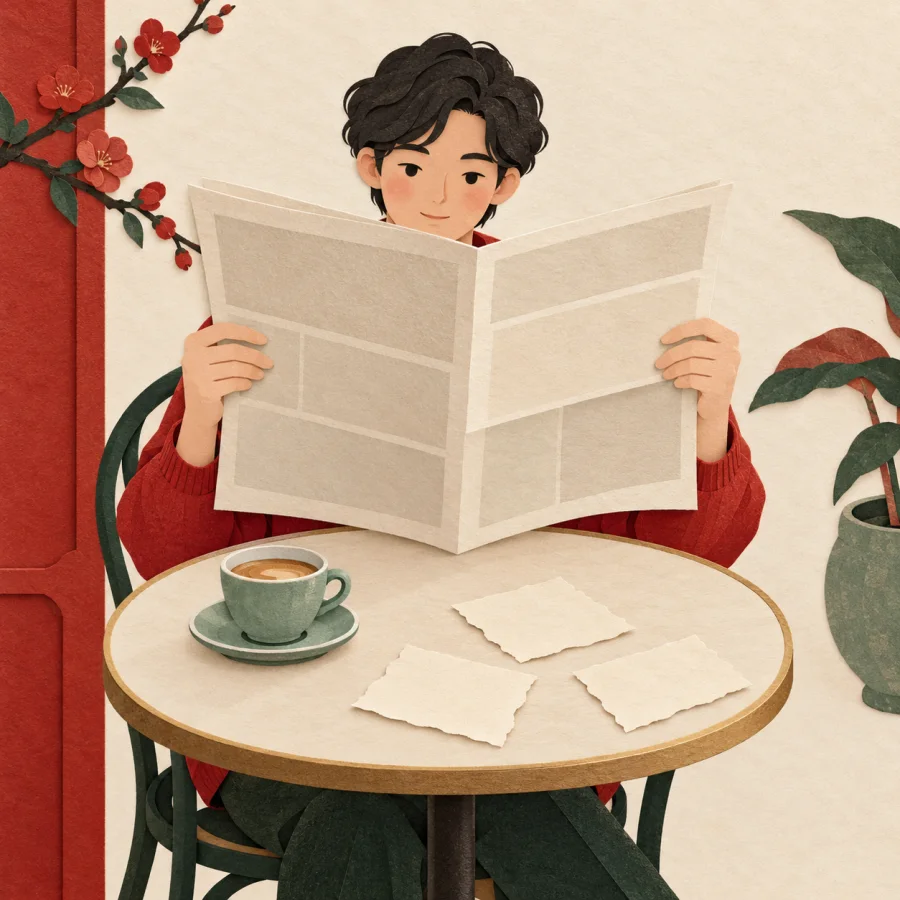 A person reads a newspaper with three blank pages on the table