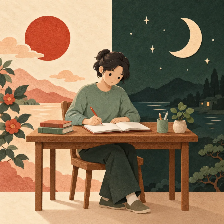 A person at a desk before a sun and a moon