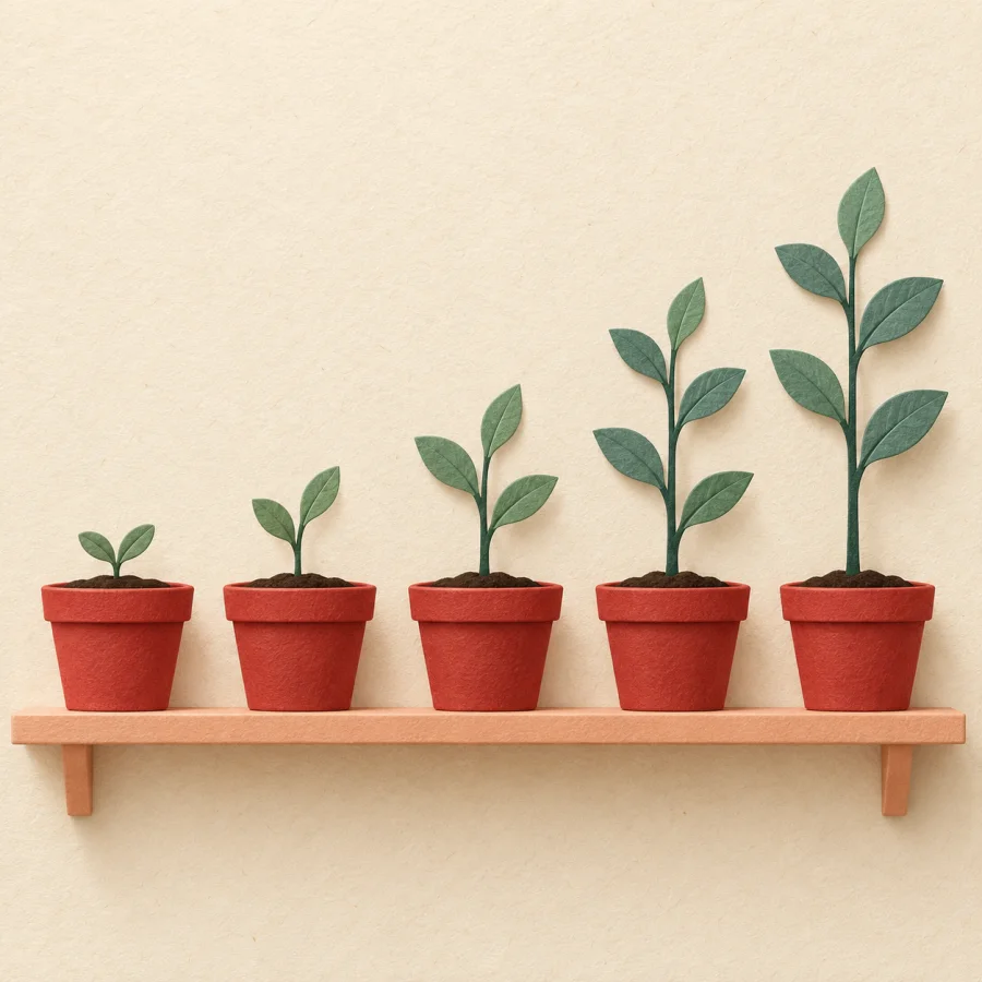 Five potted sprouts, each taller than the last