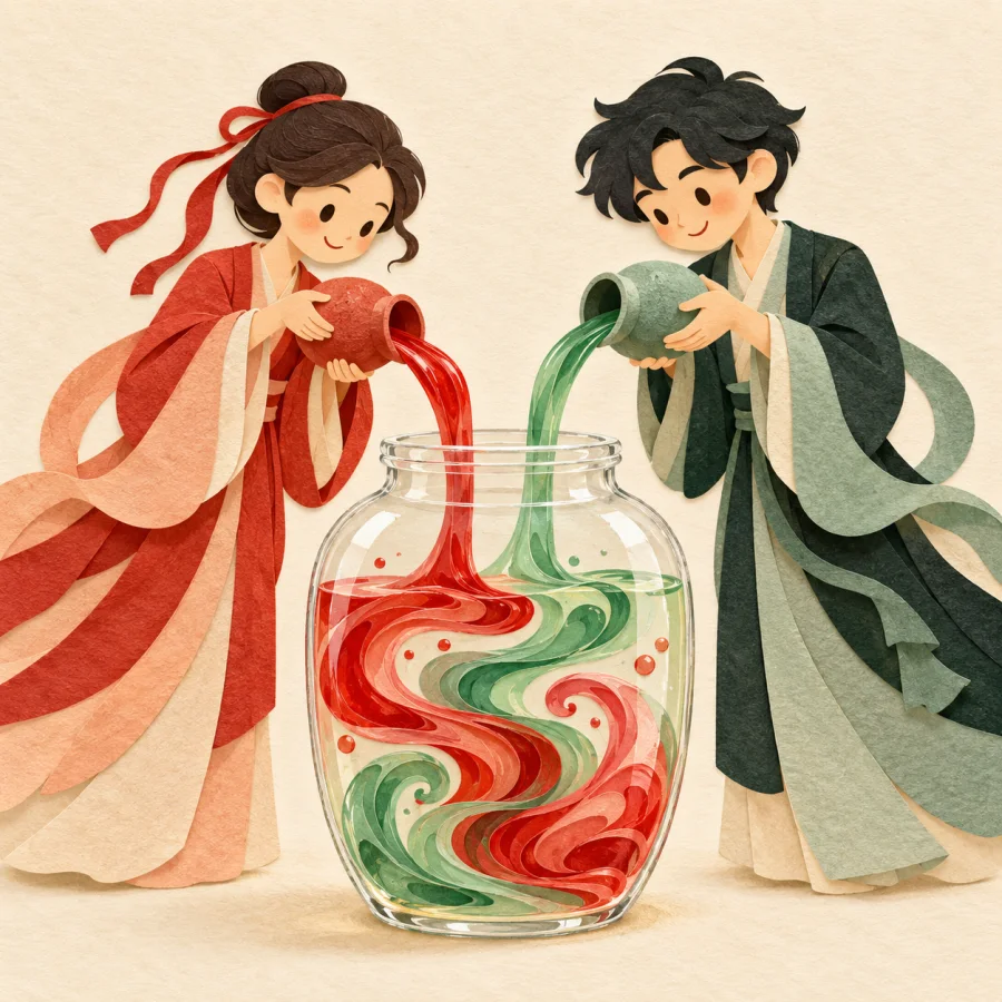 Two paints pour into one jar and swirl together