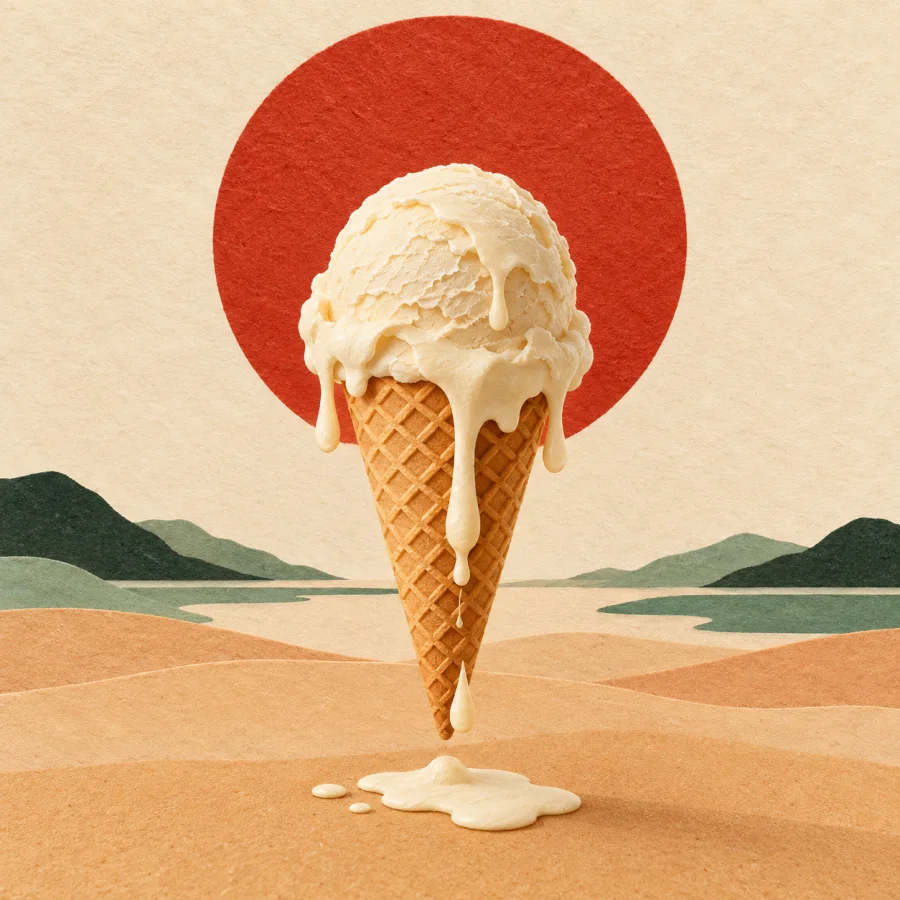 A melting ice cream cone drips under a red sun