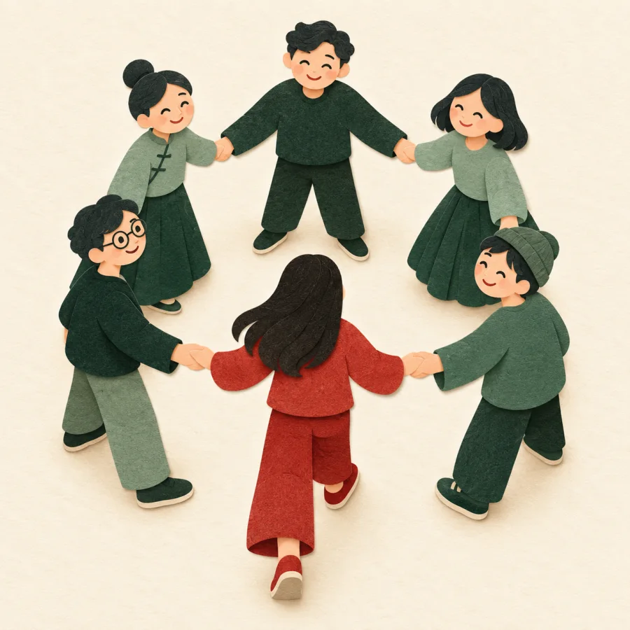 A newcomer in red joins a circle of people