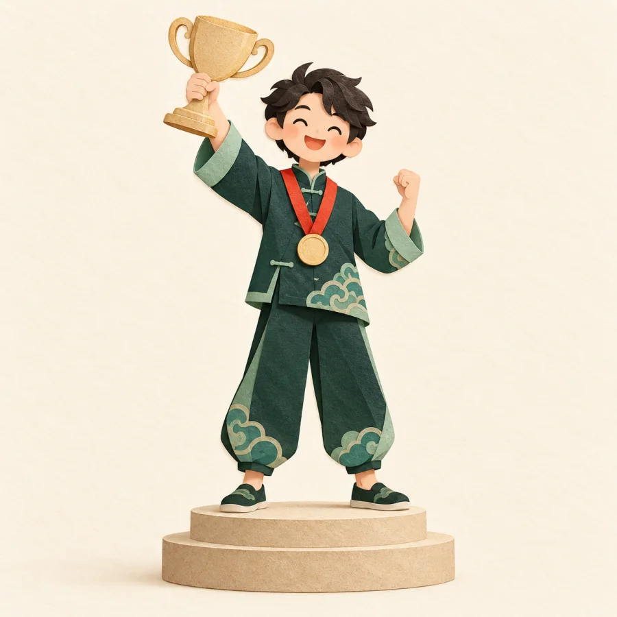 A person on a podium with a red ribbon and a trophy