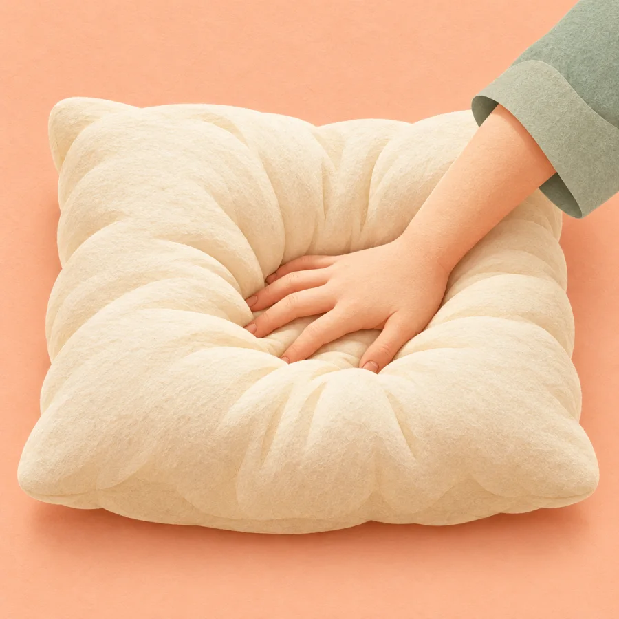 A hand presses a dent into a fluffy cream pillow