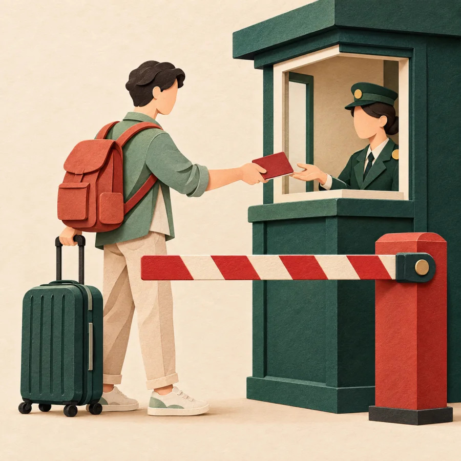 A traveler with a suitcase hands a passport to a booth