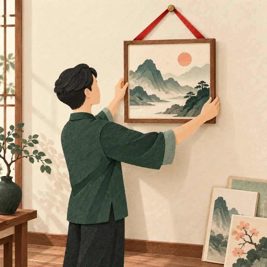 A person hangs a framed painting with a red ribbon