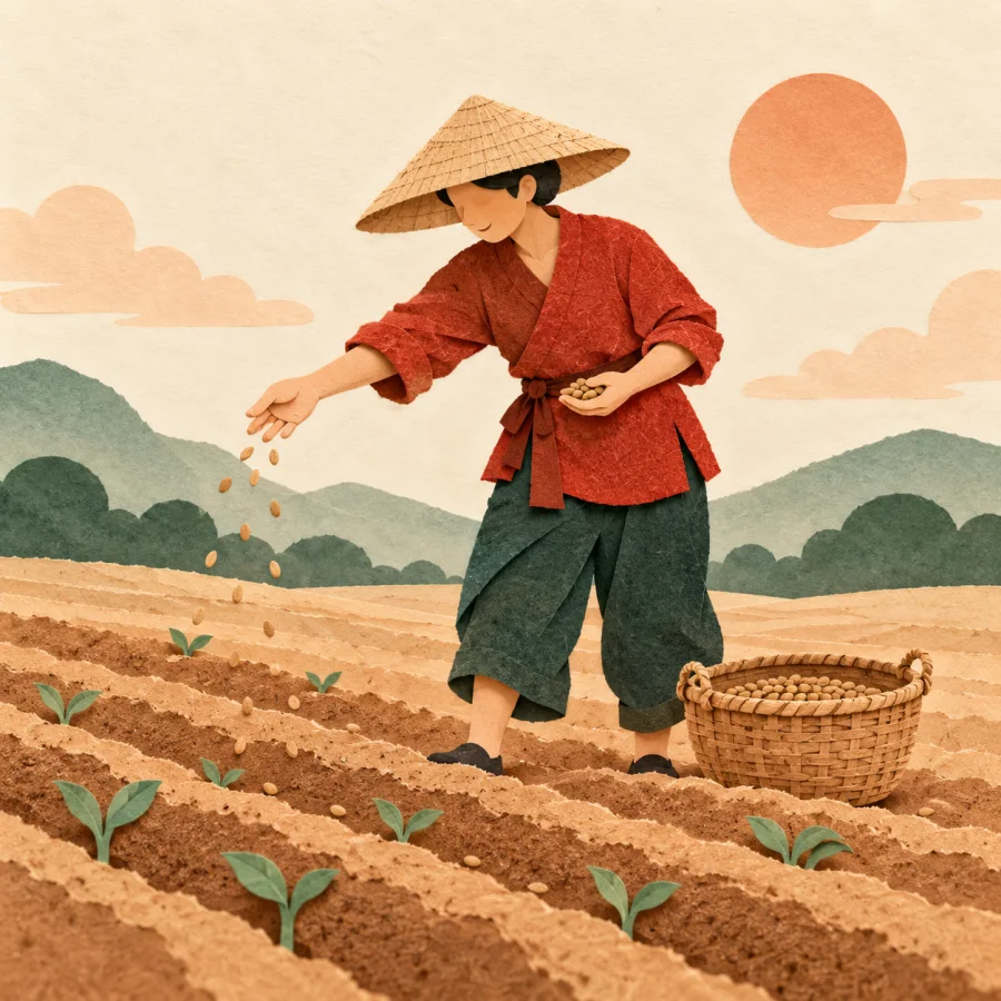 A farmer scatters seeds over a furrowed field