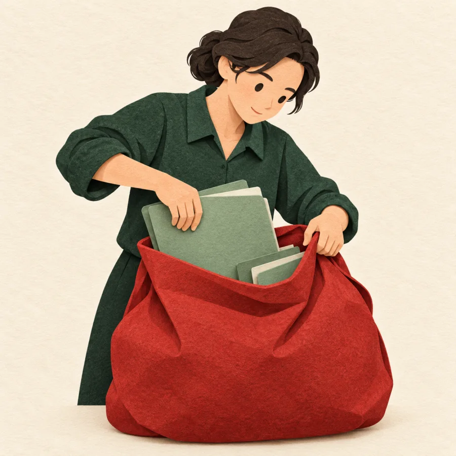 A person stuffs folders into a bulging bag