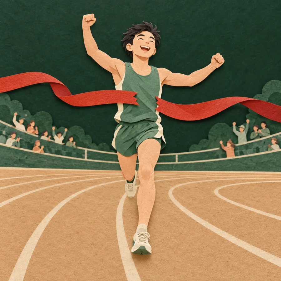 An athlete crosses a red finish ribbon