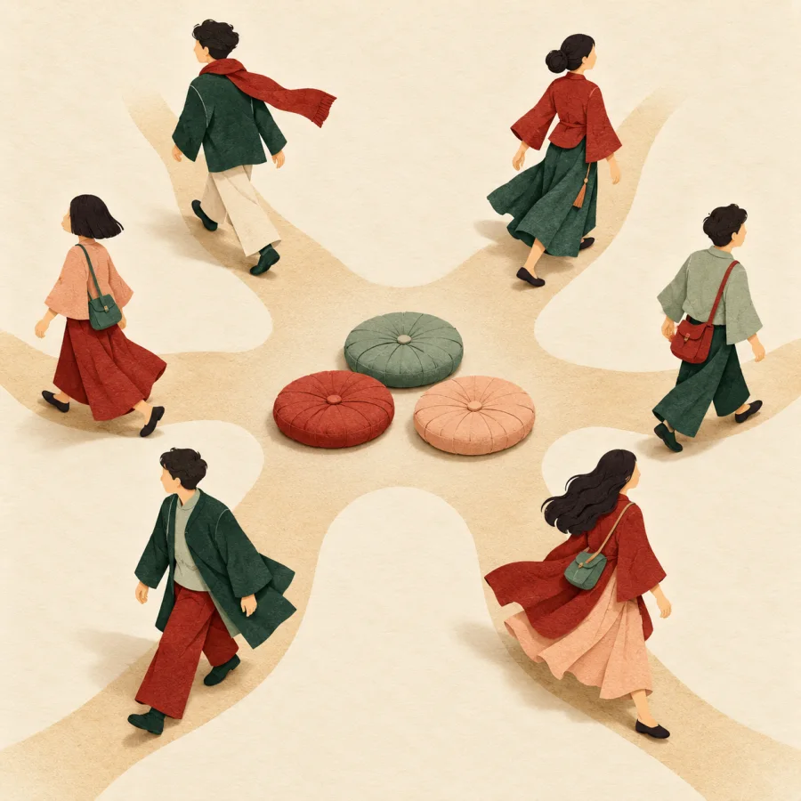People walk away from a circle along different paths