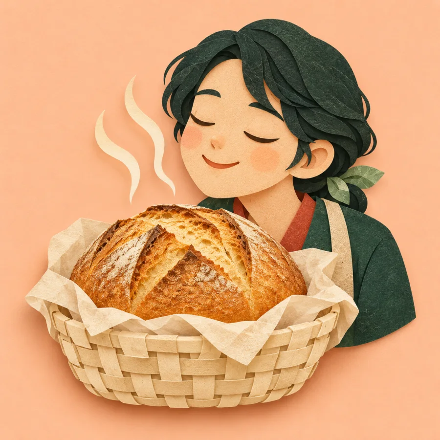 A fresh loaf in a basket with scent lines rising