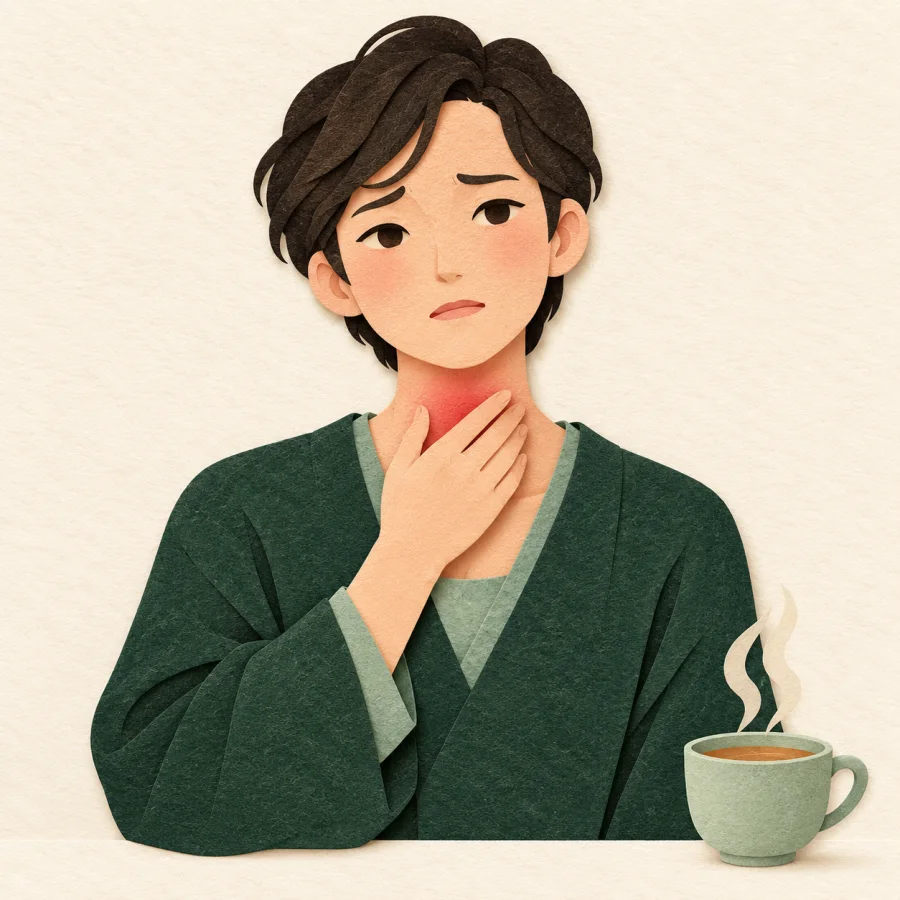 A person holds their throat beside a cup of hot tea