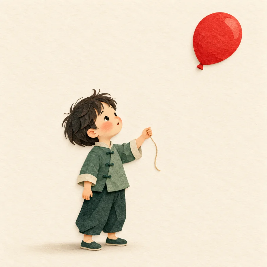 A child watches a red balloon float away