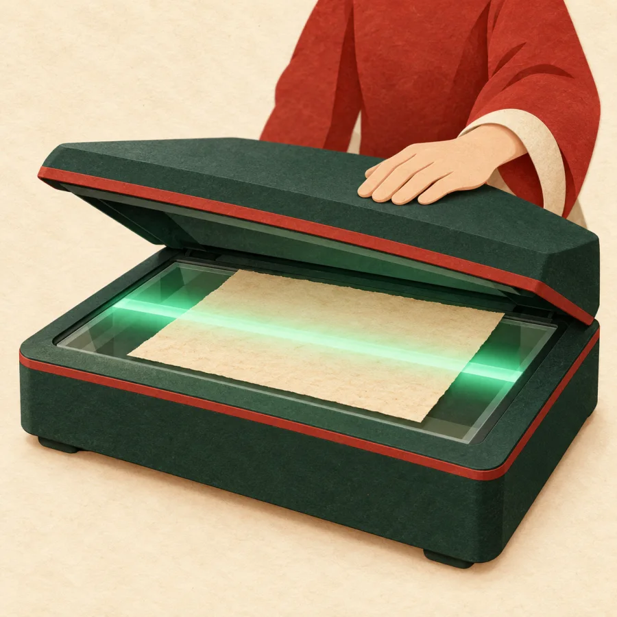 A scanner with a green light bar over a sheet of paper