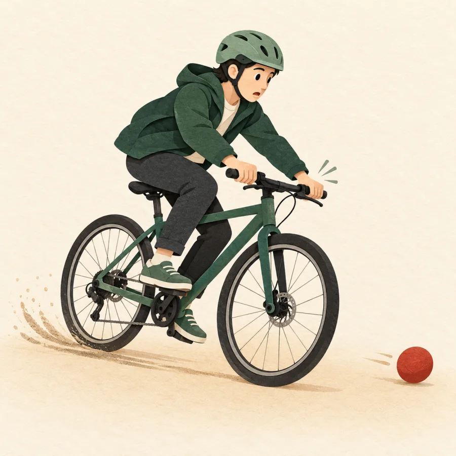 A cyclist brakes sharply before a rolling ball
